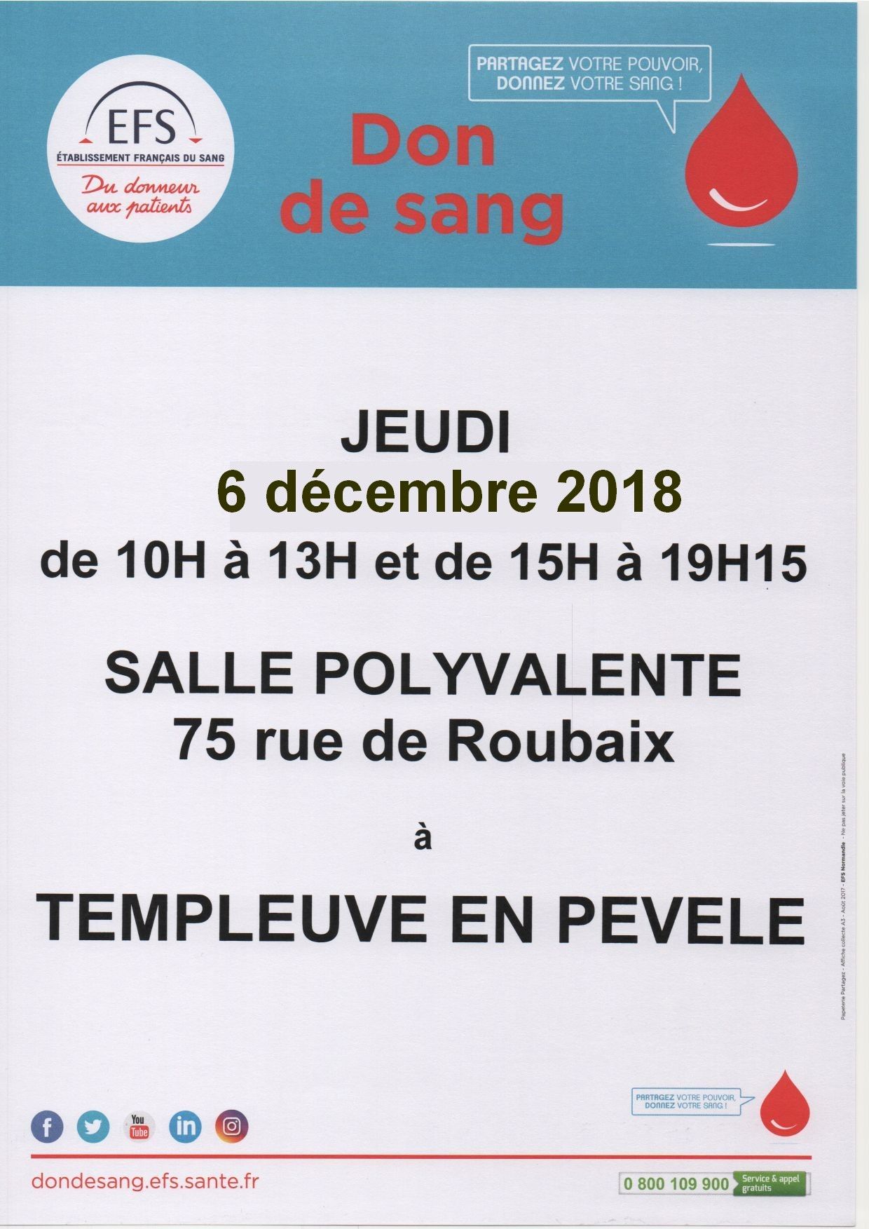 Don du Sang 6 décembre 2018 Templeuve